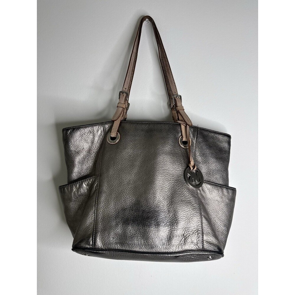 Michael Kors Metallic Pewter Leather Tote Shoulder Bag Large MK Purse